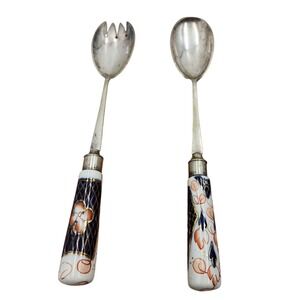 Vintage EPNS England Salad Serving Set Imari Style Porcelain Handles 10"